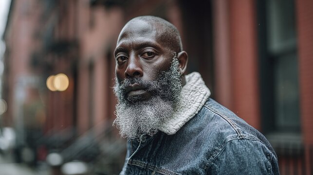 Portrait of a man with a distinguished salt and pepper beard. He is wearing a denim jacket against an urban backdrop, gazing intently at the viewer.
