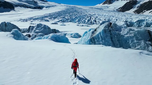 Adventurous Climber Ascends Icy Glacier Stunning Blue Ice Landscape.