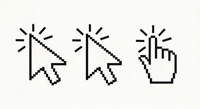 Collection of pixelated cursor icons, including pointer and hand, with click effect