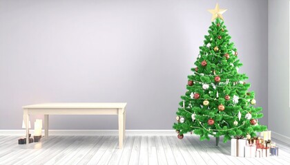 Christmas tree with decorations. Table and wall free space in background 