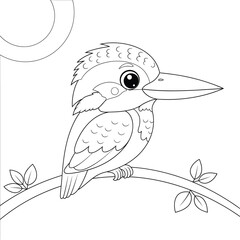 Cute Cartoon Kingfisher Perched on a Branch with Moon/Sun - Simple Bird Kids Coloring Page