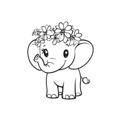 Adorable Baby Elephant with Flower Crown Line Art