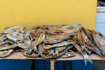 Dried Fish Displayed on Market Table