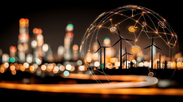 Sustainable energy solutions urban landscape digital art nighttime creative concept for future innovations - Powered by Adobe