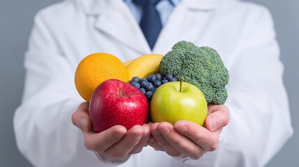 A doctor holds a variety of colorful fruits and vegetables in his hands, suggesting a healthy diet and lifestyle promotion, emphasizing well-being and nutritional health choices.