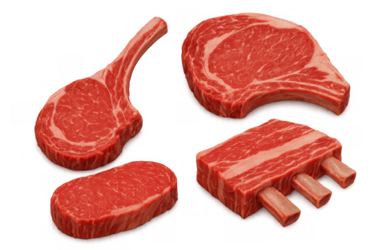 Raw beef cuts including tomahawk, ribeye, strip steak, and short ribs for cooking and grilling