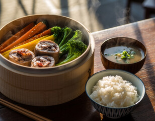 日本の朝食膳　竹のせいろに盛られた野菜と味噌汁　丁寧な暮らしと和の食文化
