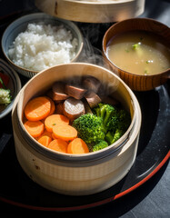 日本の朝食膳　竹のせいろに盛られた野菜と味噌汁　丁寧な暮らしと和の食文化