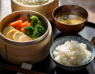 日本の朝食膳　竹のせいろに盛られた野菜と味噌汁　丁寧な暮らしと和の食文化