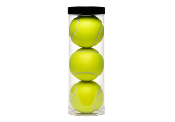Three yellow tennis balls stacked in a clear plastic tube isolated on transparent background