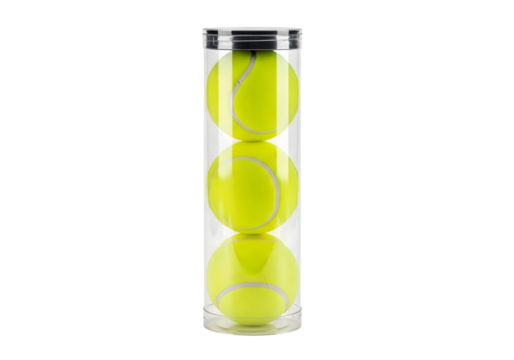 Three yellow tennis balls stacked in a clear plastic tube isolated on transparent background