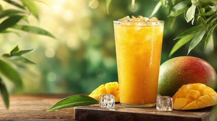 Refreshing mango juice with ice cubes on wooden board with mango fruit against a blurred greenery backdrop. A tropical vibe. Enjoy the sweet and tangy flavor. #TropicalVibes