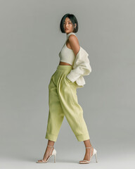 Woman in Green Pants and White Top with Jacket