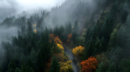 Winding road through misty evergreen forest with autumn foliage trees