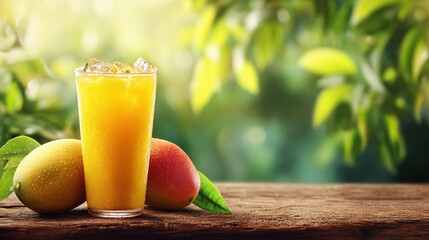 Refreshing mango juice with ice on a wooden table. Tropical fruit drink perfect for summer, with natural lighting and vibrant colors. Ideal healthy beverage.