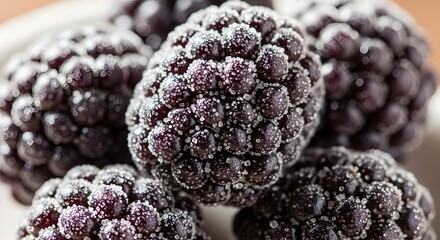 Macro shot of blackberries covered in sugar crystals, festive look.