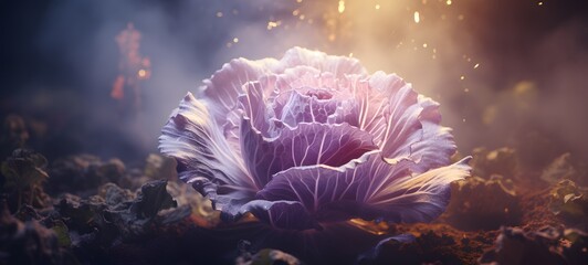 a light purple cabbage , coming out of the smoke ,creative commons attribution,generative AI