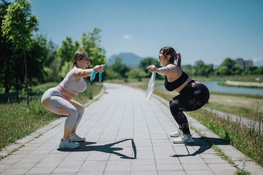 Two women exercising in a park, squatting together on a sunny day, showcasing teamwork and fitness lifestyle in a natural outdoor setting.