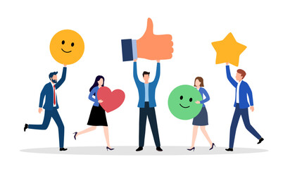 Customer feedback, user experience or client satisfaction, opinion for product and services, review rating or evaluation concept, young adult people giving emoticon feedback such as stars, thumbs up.