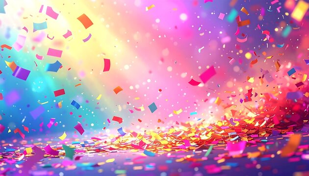 Bright, colorful confetti falls against a radiant, bokeh-filled backdrop in a celebration scene
