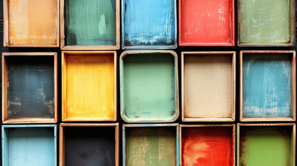 Empty colorful wooden compartments forming a rustic grid background