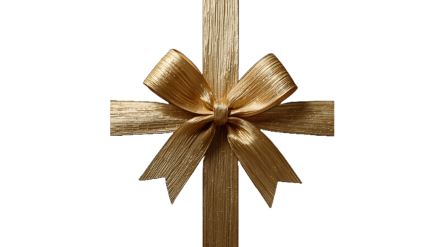 Golden ribbon bow tied on a string isolated on transparent background