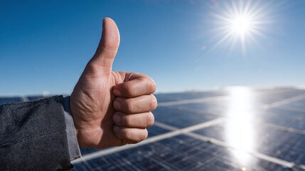 Optimistic about clean energy! Close-up of a hand giving a thumbs up in front of a solar panel array under a sunny blue sky, symbolizing approval and positive outlook for renewable power solutions.