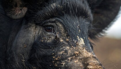 Close-up of a black, dirty pig's face showing one eye and wrinkles in its skin with sparse grass in the background