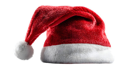 Classic Christmas Santa hat made of velvet fabric with bright red color and snowy white pom isolated on white background