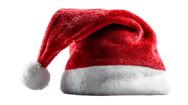 Classic Christmas Santa hat made of velvet fabric with bright red color and snowy white pom isolated on white background