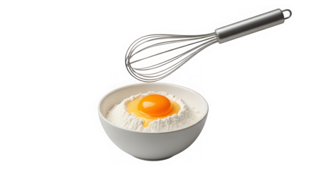 Baking ingredients with whisk, flour and egg isolated on transparent background