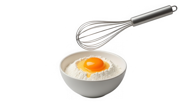 Baking ingredients with whisk, flour and egg isolated on transparent background