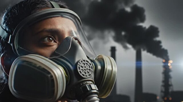 Person in Gas Mask Confronts Industrial Pollution, Environmental Crisis.