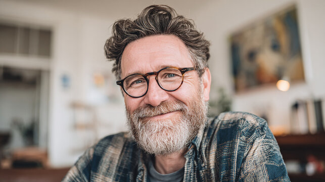 Portrait of a cheerful middle-aged man with a kind smile. He has a beard, wearing glasses and a patterned shirt, looking at the camera with warmth and approachability.