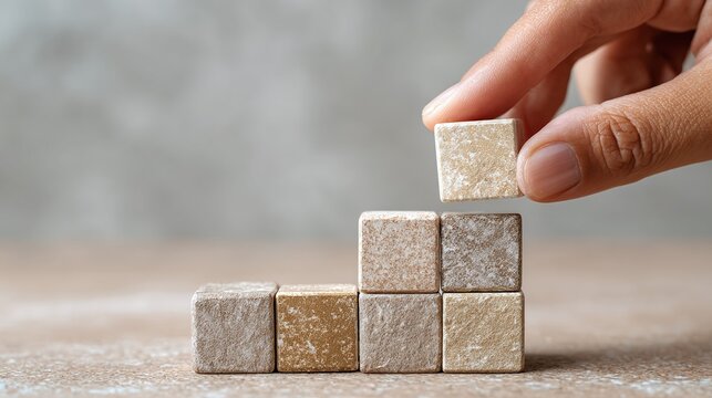 Building blocks of success! A hand places the final block on a small tower of tan cubes, symbolizing progress and growth. The image is simple, yet conveys ambition. #growth