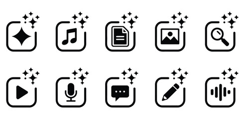 Enhance your digital content with this sparkling icon set featuring music, documents, images, search, play, voice, chat, edit, and sound, perfect for modern apps and websites