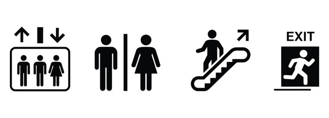 Iconic navigation symbols for public spaces including elevator, restroom, escalator, and emergency exit signs in a modern, clean design for wayfinding solutions and accessibility guides