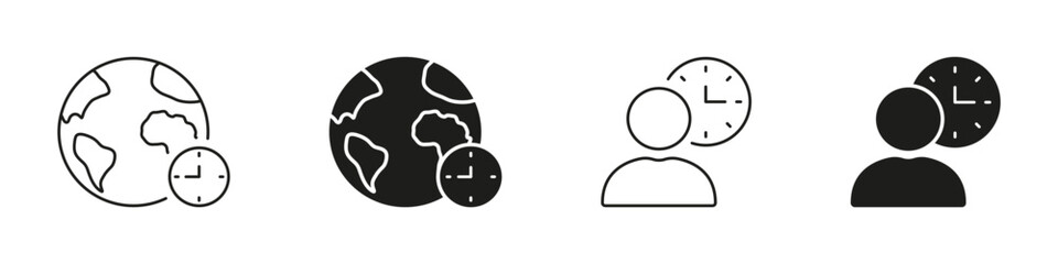 World And Person With Clock Solid Icon Set. Global Time Management And International Scheduling Outline And Silhouette Symbol. Time Zone Coordination And Planning. Isolated Vector Illustration