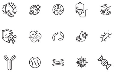 Set of bacteria line icons set. Containing as organisms, virus, micro, bacteria, lab, petri dish, microscope and more.  simple bacteria and virus icons in black and white. Vector illustration.