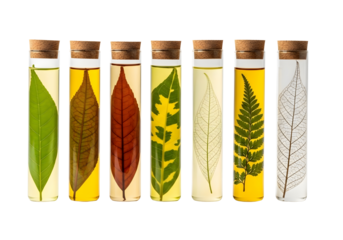 Collection of seven glass test tubes with plant samples isolated on transparent background