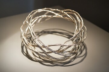 Gleaming twisted metallic wires forming abstract circular design