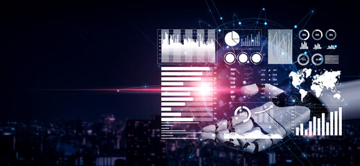 A robotic hand presents various graphs and charts in a digital landscape, illustrating advanced data analysis and innovation in technology at night. Impute
