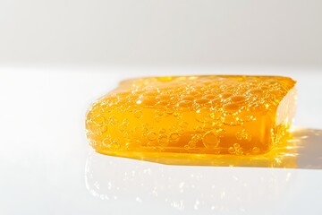 Bubbling amber gelatin block reflecting on a clean white surface