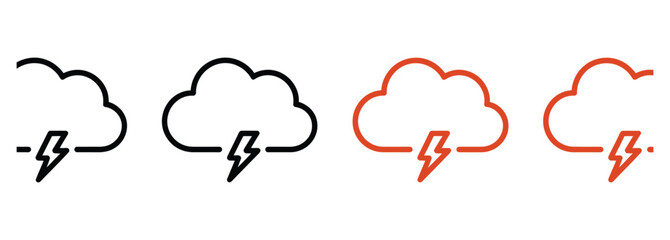 Weather forecast icons showing stormy clouds and lightning bolts in black and orange, perfect for weather apps and websites, symbolizing rain and thunderstorms, vector illustration