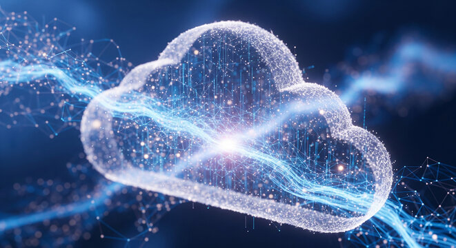 Cloud icon and data stream made up of glowing particles