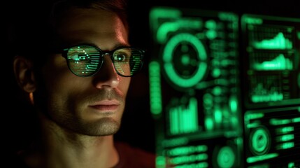 Data analyst analyzing digital metrics modern office digital art dark environment close-up view technology insights