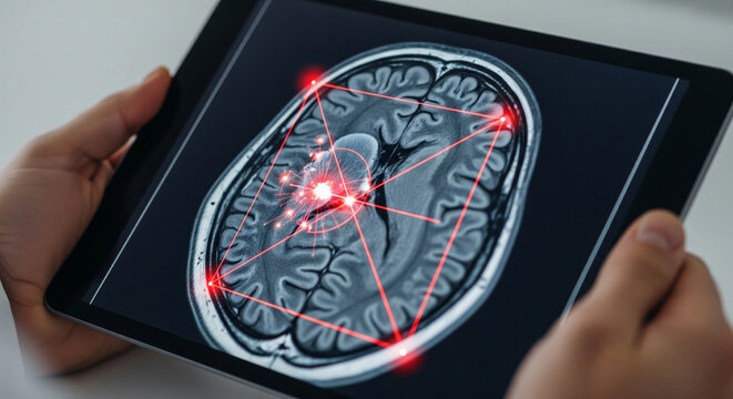 Medical diagnosis concept with AI analyzing MRI scan image of brain, doctor's hands holding tablet