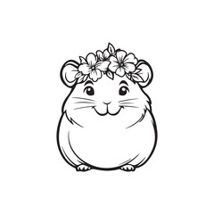 Cute Hamster with a Floral Crown Line Art