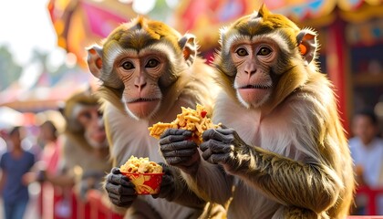 Two primates sit in front of a colorful carnival. One holds a small container of food and another looks on. The background is blurred