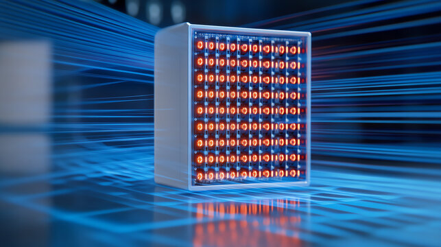 A close-up of a futuristic LED display with vibrant lights and intricate patterns, showcasing modern digital design and innovation.